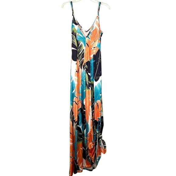 NWT Shein Leaf Tropical Spaghetti Strap V-neck Cami Maxi Dress Multicolor Large - Picture 1 of 5